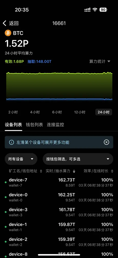 RustMinerSystem App 端口 24 小时算力曲线和设备列表截图